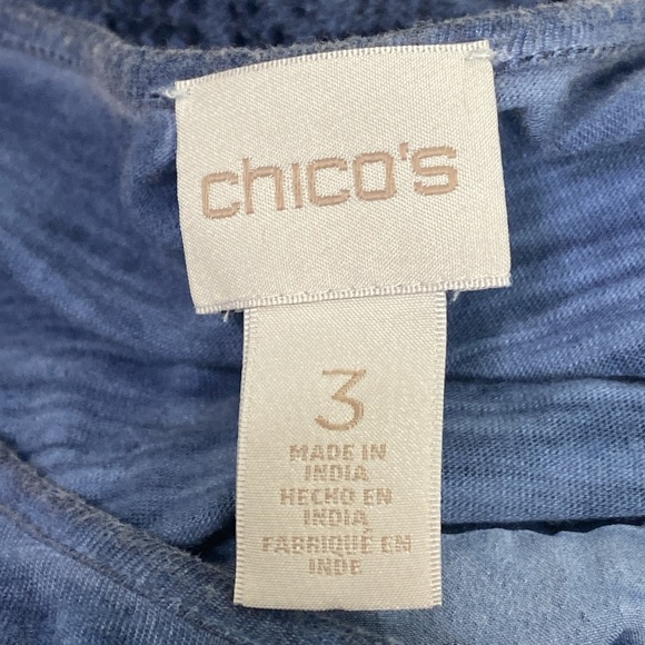 Chico’s Relaxed Fit Blue Lace Panels Tiered 3/4 Sleeve Boho Tunic Top Size L/XL - Picture 9 of 10